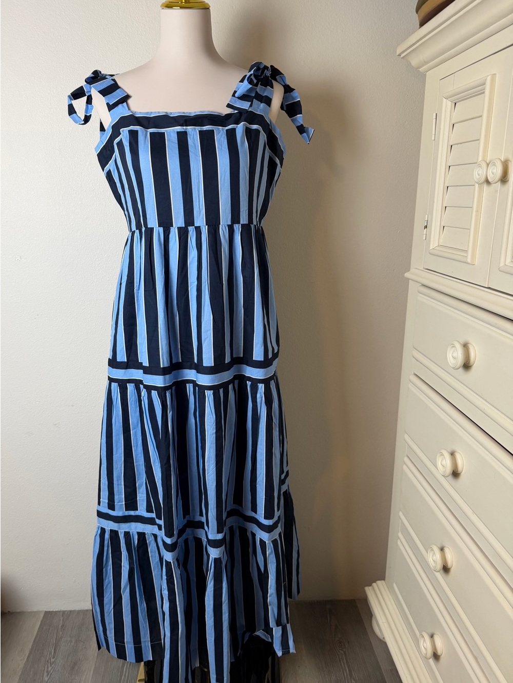 Pinch Blue and Navy Vertical Stripe Tie-Shoulder Maxi Dress